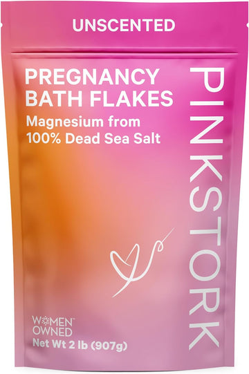 Pink Stork Pregnancy Bath Flakes: Magnesium Bath Salts for Pregnant Women, Dead Sea Salts for Soaking in Bath or Foot Soak, Pregnancy Must Haves, Unscented Without Parabens or Fragrance, 2 lbs