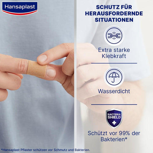 Hansaplast Extra Robust Waterproof Textile Plasters (16 Strips), Durable And Waterproof Plaster With Extra Strong Adhesion, Flexible And Breathable Wound Plasters