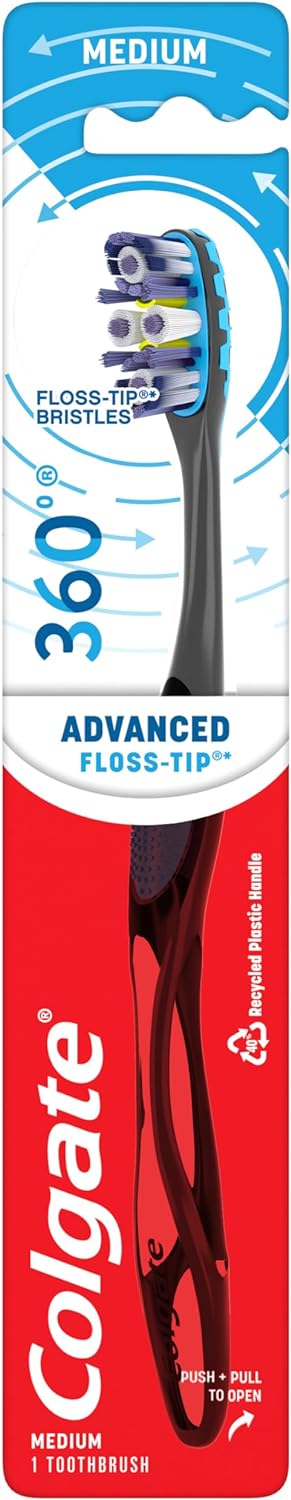 Colgate 360 Advanced Floss-Tip Bristles Toothbrush, Medium Toothbrush, 1 Pack