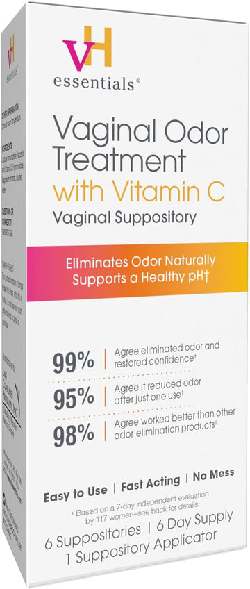 vH essentials Vaginal Odor Treatment with Vitamin C, Boric Acid Suppositories Alternative, Supports Balanced pH, Eliminates Naturally, Suppositories, 6 w/Applicator, White