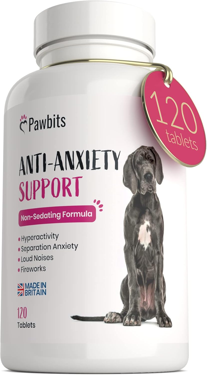 Pawbits 120 Dog Anxiety Tablets Calming Supplement for Anxious & Hyperactive Dogs Calms Relaxes & Non-Sedative Dog Calming Tablets Fireworks, Behavioural Issues, Travel & Vet Visits Natural Calm Aid