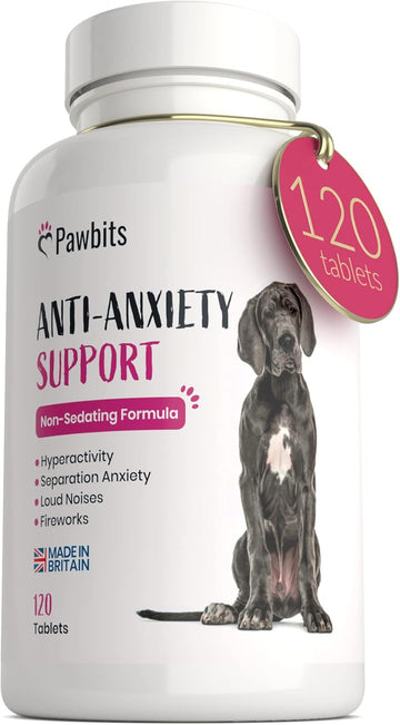 Pawbits 120 Dog Anxiety Tablets Calming Supplement for Anxious & Hyperactive Dogs Calms Relaxes & Non-Sedative Dog Calming Tablets Fireworks, Behavioural Issues, Travel & Vet Visits Natural Calm Aid