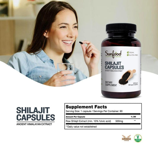 Sunfood Superfoods Shilajit Capsules - Pure Shilajit Resin For Women & Men, Ancient Himalayan Extract With Fulvic Acid, Minerals, Shilajit Powder Pills - 90 Capsules