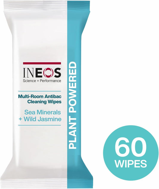 Ineos Next-Gen Antibac Multi-Room Disinfectant Biodegradable 60 Wipes, Sea Minerals + Wild Jasmine, Kills 99.9% Of Bacteria + Viruses, Plant Powered, Packaging May Vary