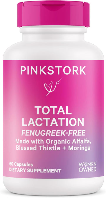 Pink Stork Total Lactation Supplement Without Fenugreek, Support Breast Milk Supply With Organic Alfalfa & Milk Thistle, Postpartum Breastfeeding Essentials - 60 Capsules, 1 Month Supply