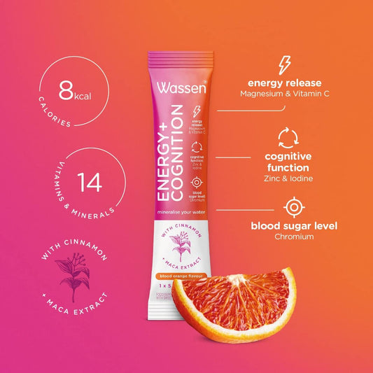 Wassen Energy & Cognition Energy Supplements - 14 Sachets | Vitamin C Sachets | Vitamin Powder For Water | Magnesium Sachets & Vitamin C Help Healthy Energy Release | Energy Powder | Magnesium Powder