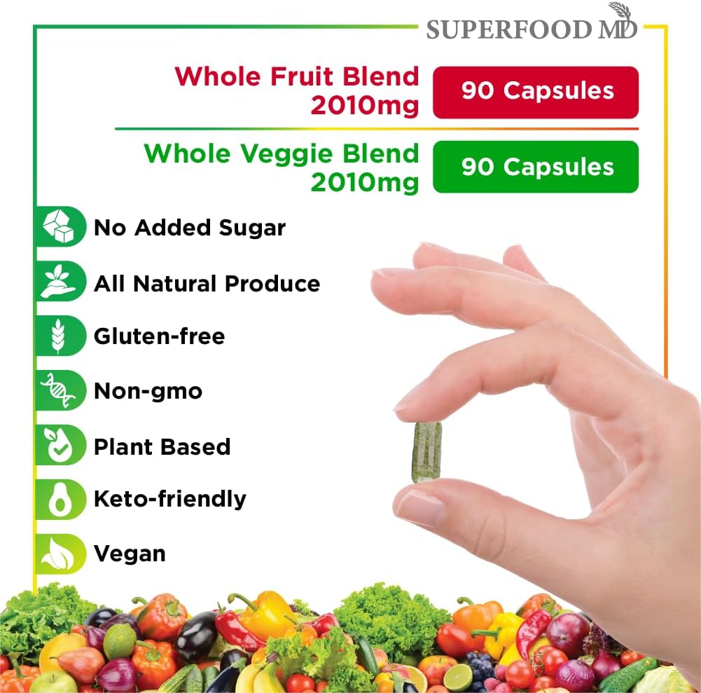 Superfood MD Fruits and Veggies Supplement - 90 Fruit and 90 Veggie Capsules - Supports Energy Levels, High Lycopene, Vitamins & Minerals -Made in The USA - 90 Count (Pack of 2) : Health & Household