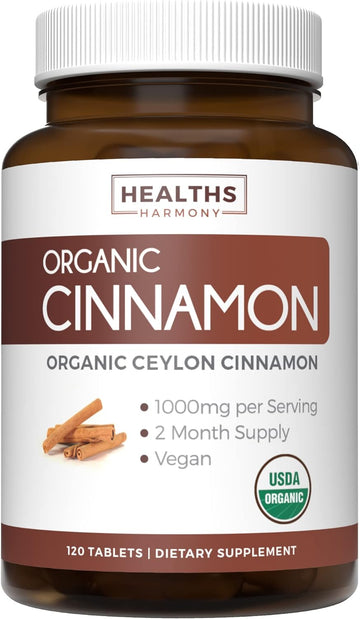 USDA Organic Ceylon Cinnamon (120 Tablets) 1000mg Cinnamon Quill Powder per Serving - Natural Cinnamon Supplements for Effective Metabolism, Cognative, Joint, Immune Support - (No Capsules or Pills)