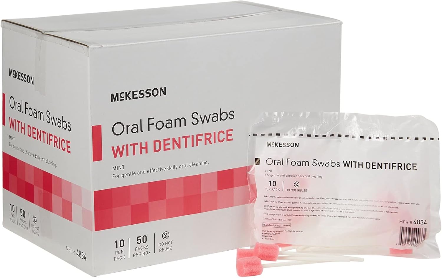 Mckesson Oral Foam Swabs With Dentifrice, Gentle And Daily Oral Cleaning, Mint, 10 Count, 50 Packs, 500 Total