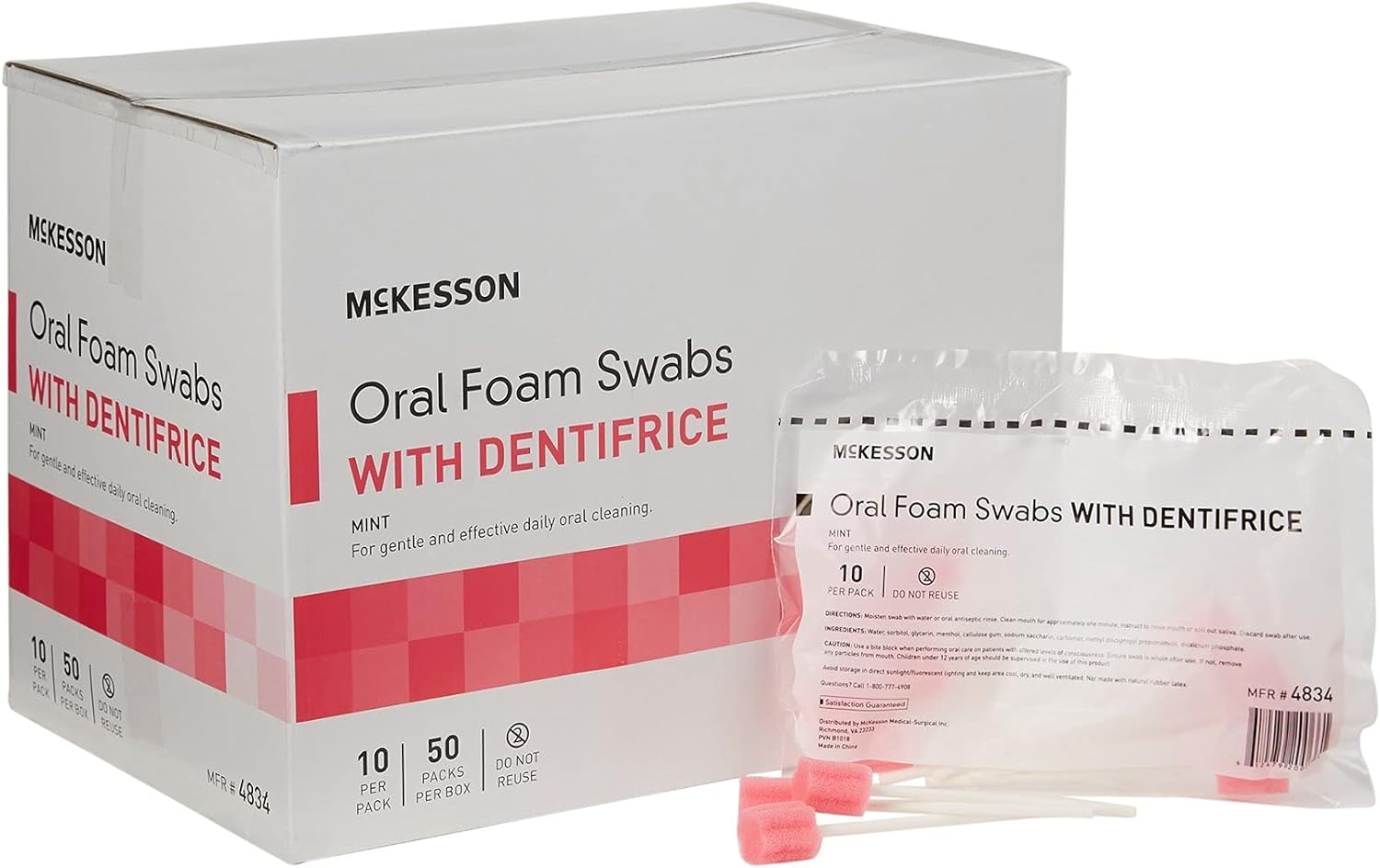 McKesson Oral Foam Swabs with Dentifrice, Gentle and Daily Oral Cleaning, Mint, 10 Count, 100 Packs, 1000 Total