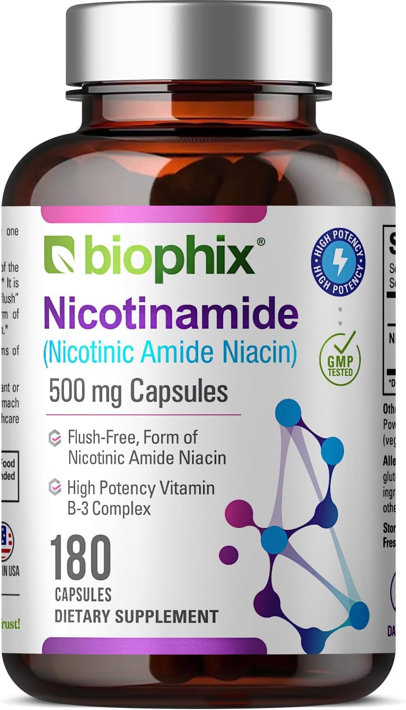 biophix B-3 Nicotinamide 500 mg 180 Caps - Nicotinic Amide Niacin Natural Flush-Free Vitamin Formula - Supports Skin Cell Health