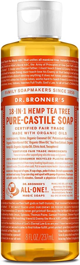 Dr. Bronner's - Pure-Castile Liquid Soap (Tea Tree, 8 ounce) - Made with Organic Oils, 18-in-1 Uses: Acne-Prone Skin, Dandruff, Laundry, Pets and Dishes, Concentrated, Vegan, Non-GMO