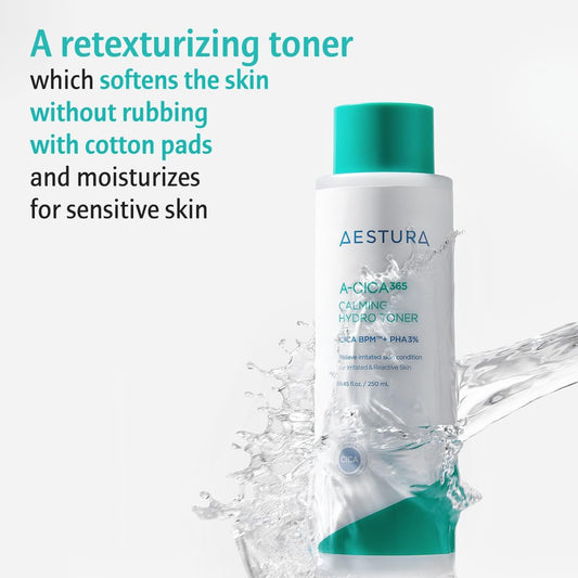 Aestura A-Cica365 Calming Hydro Toner, Daily Soothing Toner For Sensitive Skin, Cica Bpm Complex, Pha 3%, Dead Skin Cell Care, Dermatologist Tested, Korean Skin Care, 8.56 Fl Oz