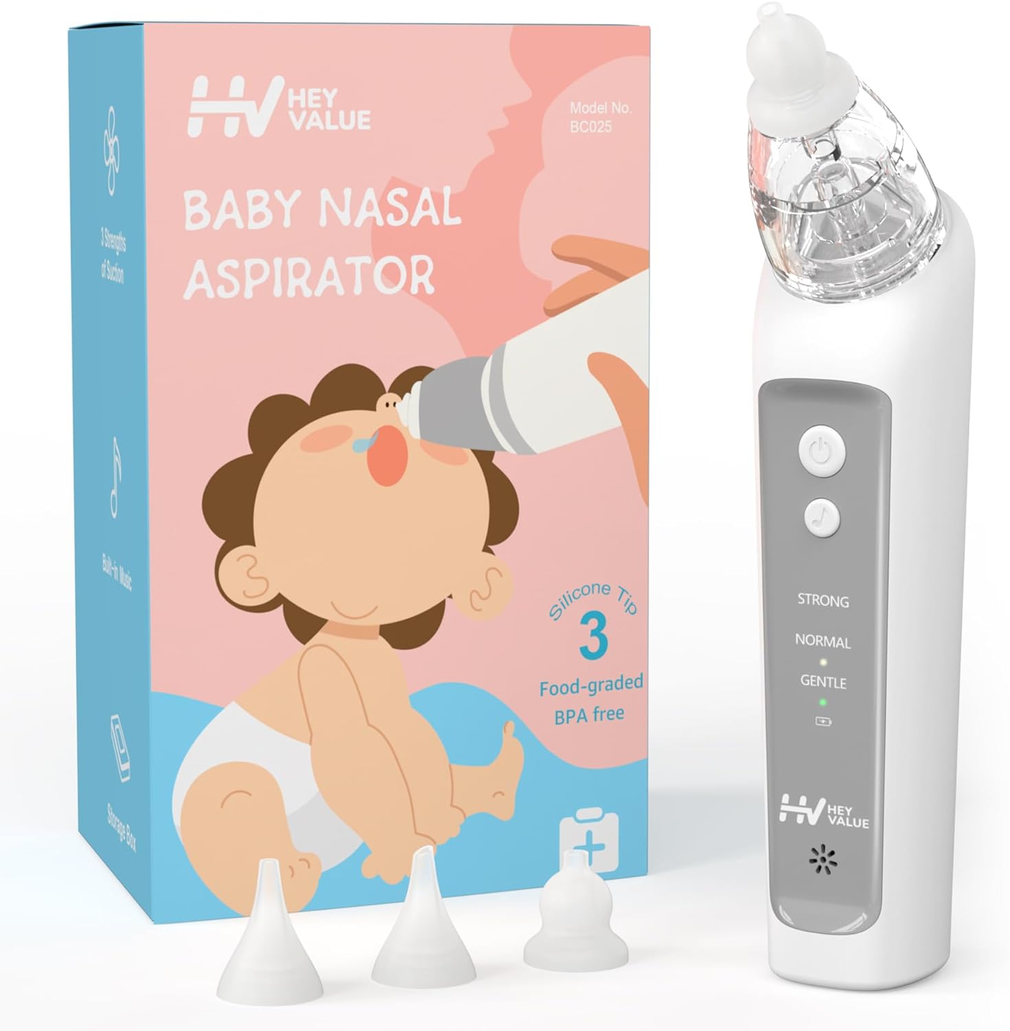 HEYVALUE Nasal Aspirator for Baby, Simple Baby Nose Sucker with Music Soothing, 3 Adjustable Suction Levels, Electric Nose Suction for Baby with 3 Silicone Tips, Easy to Use