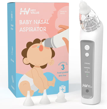 HEYVALUE Nasal Aspirator for Baby, Simple Baby Nose Sucker with Music Soothing, 3 Adjustable Suction Levels, Electric Nose Suction for Baby with 3 Silicone Tips, Easy to Use