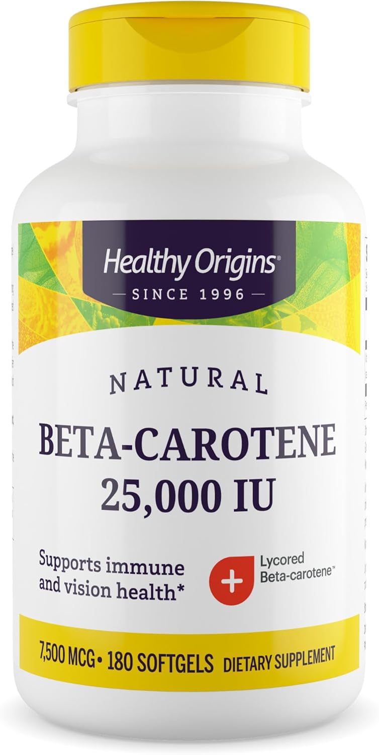 Healthy Origins Beta-Carotene 25,000 IU (7,500 mcg), Natural Beta-Carotene, Immune Support, Vision Support, Non-GMO, Gluten-Free, 180 Softgels