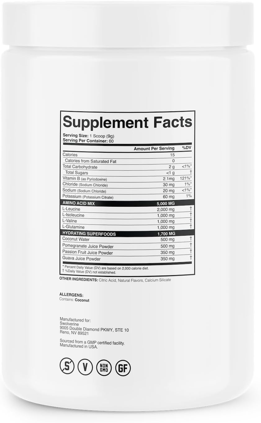 Buy Swolverine Bcaa 2:1:1 | Electrolyte Recovery Drink, Branched Chain Amino Acids With L-Glutamine, Hydrating Formula, (60 Servings) (Pineapple Passionfruit) On  Free Shipping On Qualified Orders