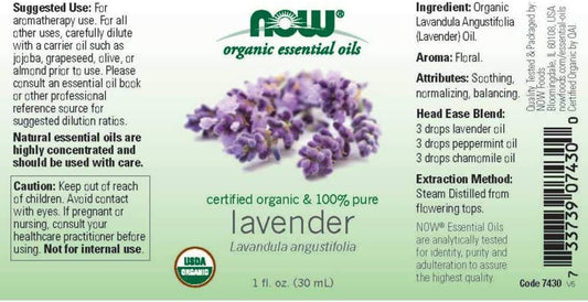 Now Foods Essential Oils, Organic Lavender Oil, Soothing Aromatherapy Scent, Steam Distilled, 100% Pure, Vegan, Child Resistant Cap, 1-Ounce