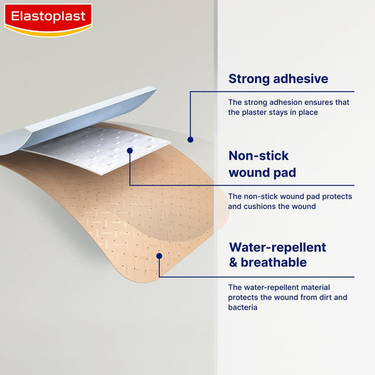 Elastoplast Water Resistant Plastic Plasters (20 Pieces), Dirt And Water-Resistant, Waterproof, Ideal For First Aid, Strong Adhesion With Non-Stick Wound Pad, Breathable Material, Tan