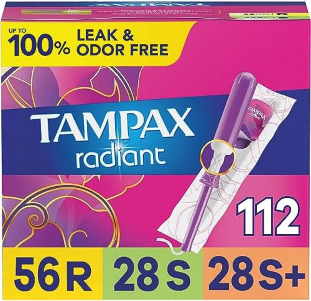 Tampax Radiant Tampons Multipack, Regular/Super/Super Plus Absorbency, With Leakguard Braid, Unscented, 28 Count X 4 Packs (112 Count Total)