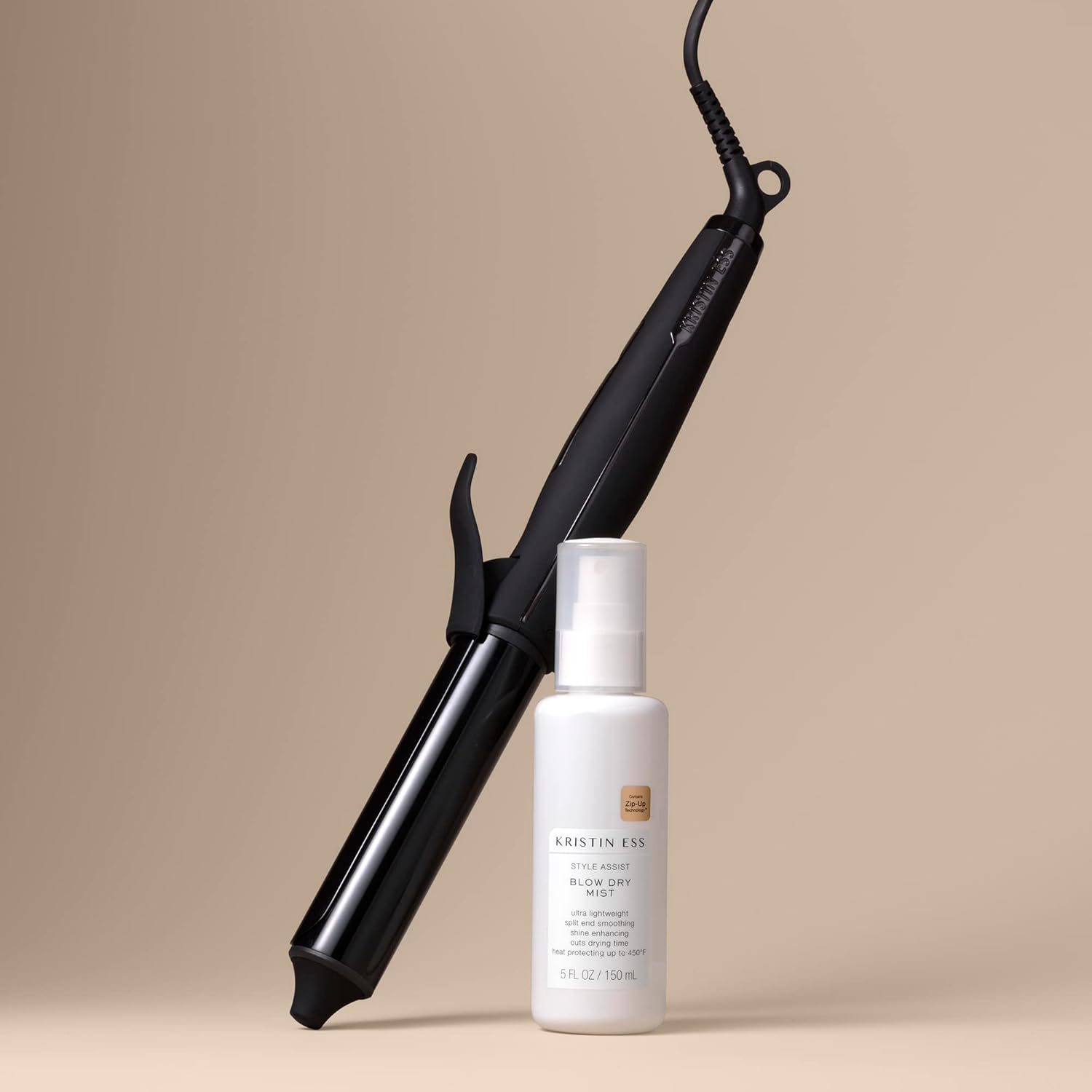 Kristin Ess Hair Nanoblack 11/4 Inch Automatic Ceramic Curling Iron + Style Assist Blow Dry Heat Protectant Spray - Dual Voltage Hair Styling Beach Waver + Curler - Smooth Barrel + Digital Display