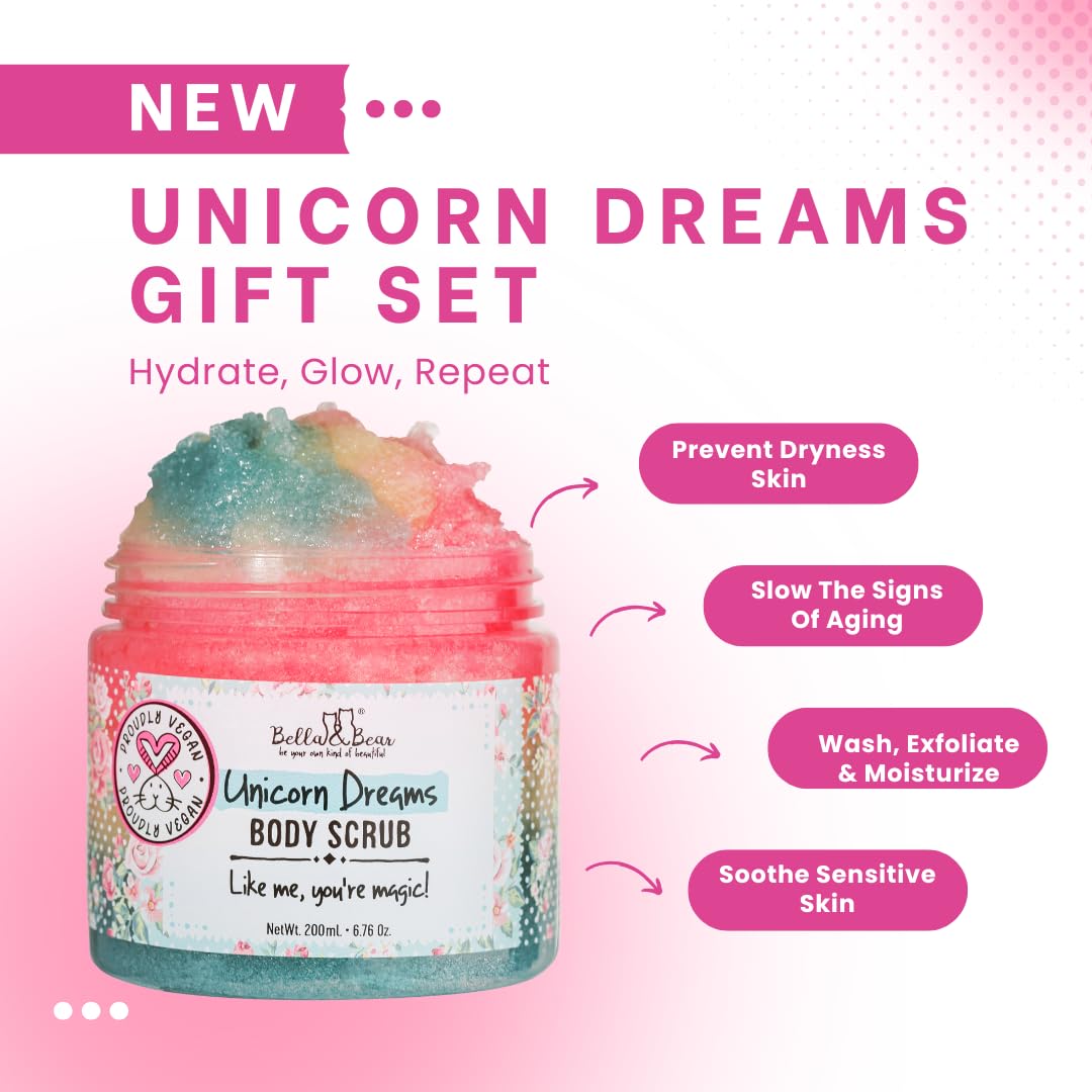 Bella & Bear Unicorn Dreams Gift Set - 3-In-1 Body Scrub & Goddess Body Butter In Glossy Pink Box - Vegan, Cruelty-Free, Mango-Pineapple-Vanilla Scent : Beauty & Personal Care
