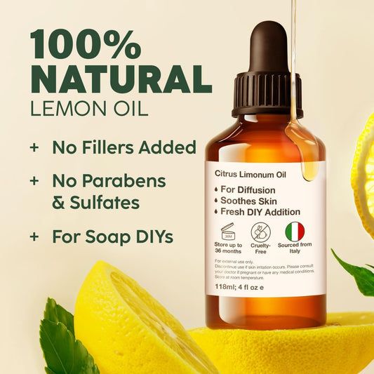 Kukka Lemon Essential Oil - Huge 4 Fl Oz - 100% Pure Natural Lemon Oil For Skin Cleaning Diffuser & Diy - Natural Lemon Essence Oil For Aromatherapy Soap Making Scent & More