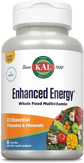 Kal Enhanced Energy Supplements, 3 Daily - Whole Food Multivitamin For Women And Men, Iron Free - 23 Essential Vitamins, Minerals, Super Foods, Digestive Enzymes, 60-Day Guarantee, 30 Serv, 90 Vegtabs