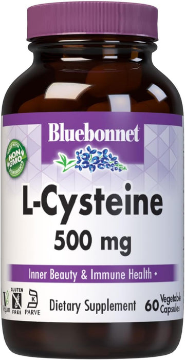 Bluebonnet Nutrition L-Cysteine 500Mg, Free-Form Amino Acid, Promotes Healthy Skin, Hair And Nails, Soy-Free, Gluten-Free, Non-Gmo, Kosher Certified, Vegan, White, 60 Vegetable Capsules