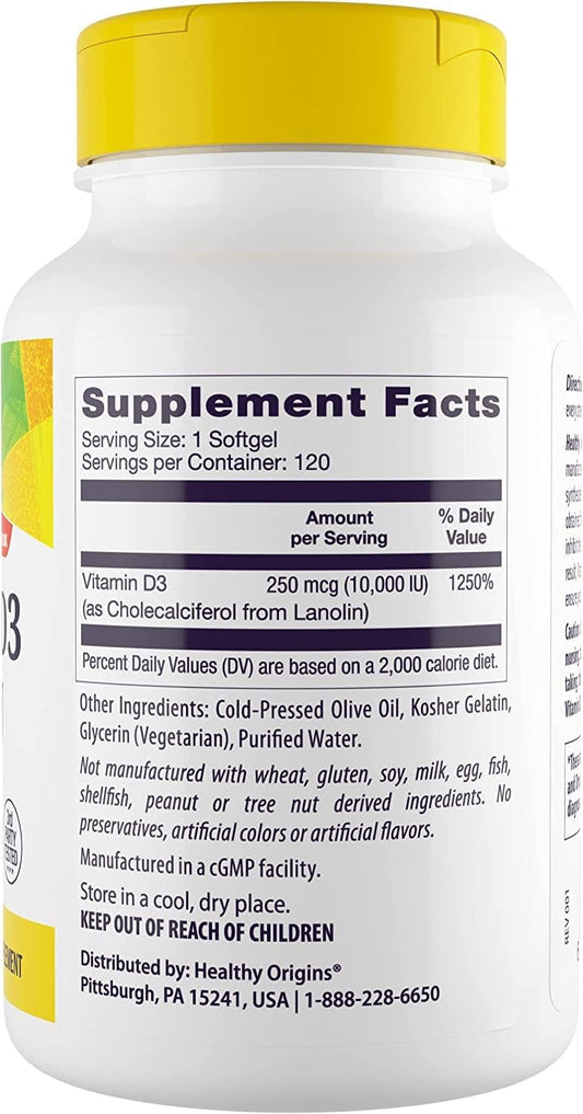 Healthy Origins Vitamin D3 (Lanolin) 10,000 IU Softgel - Bone Health and Immune Support Supplement - Easily Absorbable Vitamin D Supplements - Gluten-Free Vitamin D3 Supplement - 120 Softgels