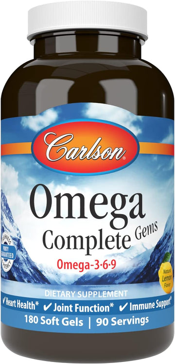 Carlson - Omega Complete Gems, Omega-3-6-9, Wild Caught, Sustainably Sourced, Heart Health, Joint Function & Immune Support, 180 Softgels