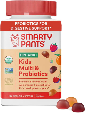 Daily Organic Gummy Kids Multivitamin: Probiotics, Biotin, Vitamin C, D3, E, B12, A, Omega 3, Zinc, Selenium, Niacin, Iodine, Choline, Methylfolate By Smartypants (120 Count, 30 Day Supply)