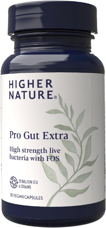 Higher Nature - Pro Gut Extra - High Strength Probiotic With Prebiotic - Multi-Strain Probiotic For Digestive System - Live Bacteria With Fos - 20 Billion Cfus - 6 Proven Strains - Vegan - 30 Capsules