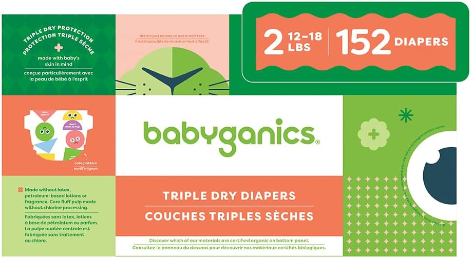 Babyganics Size 2, 152 Count, Absorbent, Breathable, Triple Dry Protection Diapers