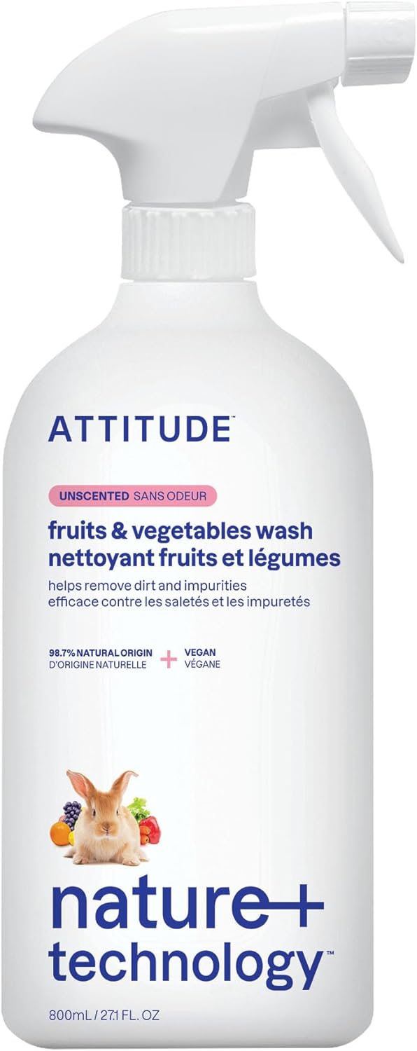 ATTITUDE Fruit and Vegetable Wash, Removes Wax, Dirt and Impurities, Plant- and Mineral-Based, Vegan, Unscented, 27.1 Fl Oz