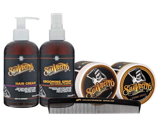 Suavecito Men'S 5 Pc Hair Kit - Original & Firme (Strong) Hold Medium Shine Pomade, Hair Cream And Grooming Spray, Large Deluxe Comb