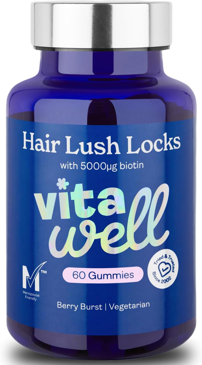 Vitawell Hair Lush Locks Gummies - Hair Growth + Skin + Nails Vitamins Chews | Complex Formula 5000µg Biotin + Zinc + Vitamin A, D3, C, B12 | 60 Berry Burst Flavour | Supplement For Men & Women