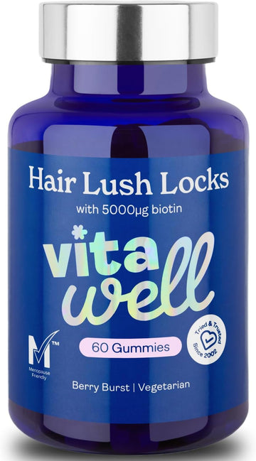 Vitawell Hair Lush Locks Gummies - Hair Growth + Skin + Nails Vitamins Chews | Complex Formula 5000µg Biotin + Zinc + Vitamin A, D3, C, B12 | 60 Berry Burst Flavour | Supplement For Men & Women