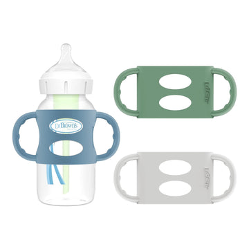 Dr. Brown'S Milestones 100% Silicone Baby Bottle Handles, Wide-Neck, Removable Easy-Grip Transitional Sippy Cup Handles, Light Blue, Green, Gray, 4M+, 3 Pack