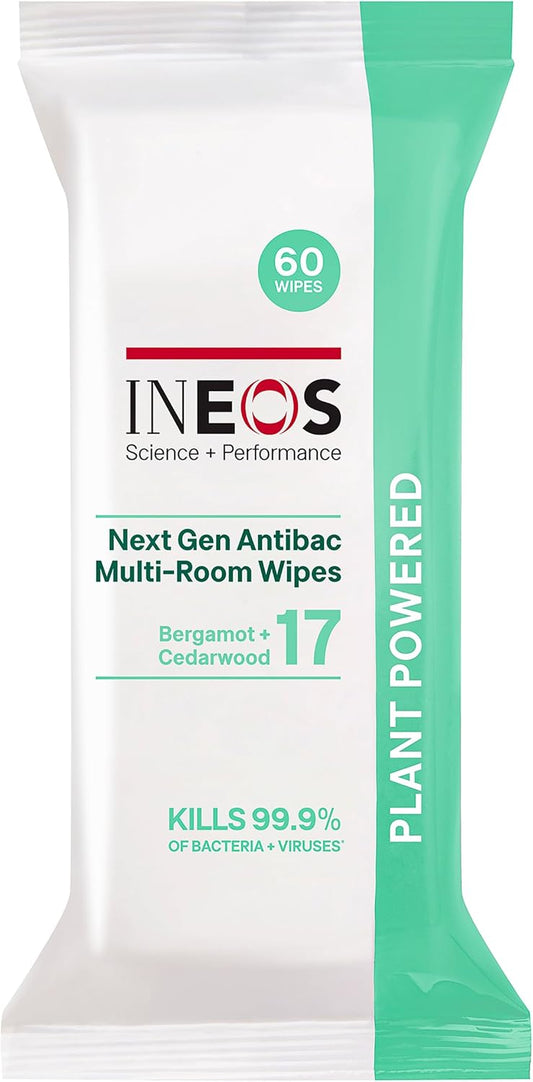 Ineos Hygienics Next-Gen Antibac Multi-Room Disinfectant Biodegradable 60 Wipes, Bergamot + Cedarwood, Kills 99.9% Of Bacteria + Viruses, Plant Powered, Packaging May Vary