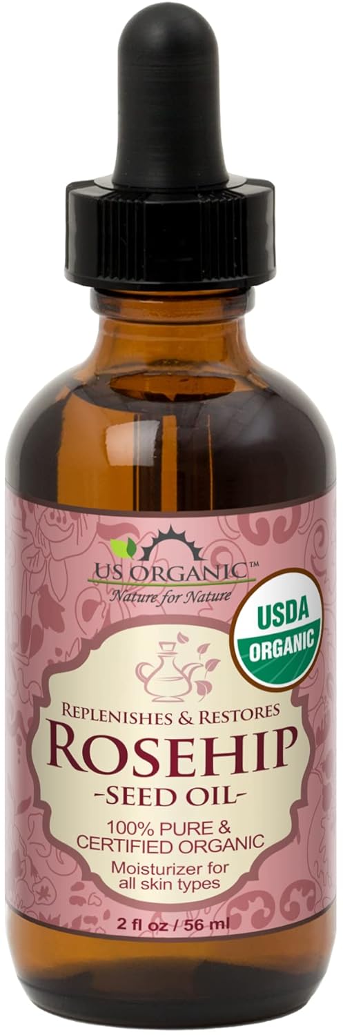 US Organic Rosehip Seed Oil, USDA Certified Organic, Cold Pressed, Virgin Organic, Amber Glass Bottle and Glass Eye Dropper for Easy Application - 2 oz (56 ml)