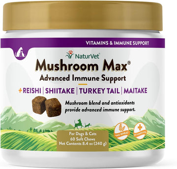 NaturVet Mushroom Max Advanced Immune Support Dog Supplement – Helps Strengthen Immunity, Overall Health for Dogs – Includes Shitake Mushrooms, Reishi, Turkey Tail – 60 Ct
