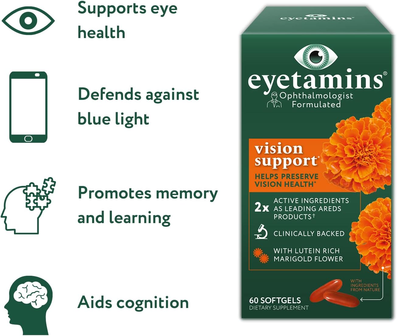 eyetamins Vision Support - 60 Capsules‚ Ophthalmologist-Formulated - 2X Lutein and Zeaxanthin of Leading Brands - Plant-Based, Natural - Vegan and Non-GMO Formula (60 Count)