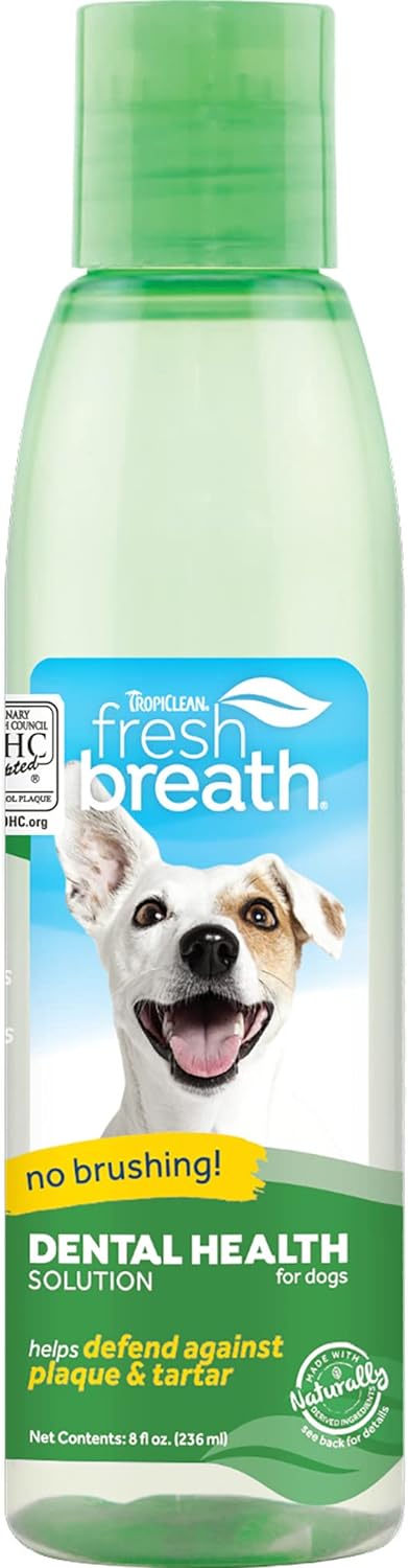 TropiClean Fresh Breath Dog Teeth Cleaning – Dog Dental Care for Bad Breath - Breath Freshener - Water Additive Mouthwash – Helps Remove Plaque Off Dogs Teeth, Original, 236ml?FBWA8Z