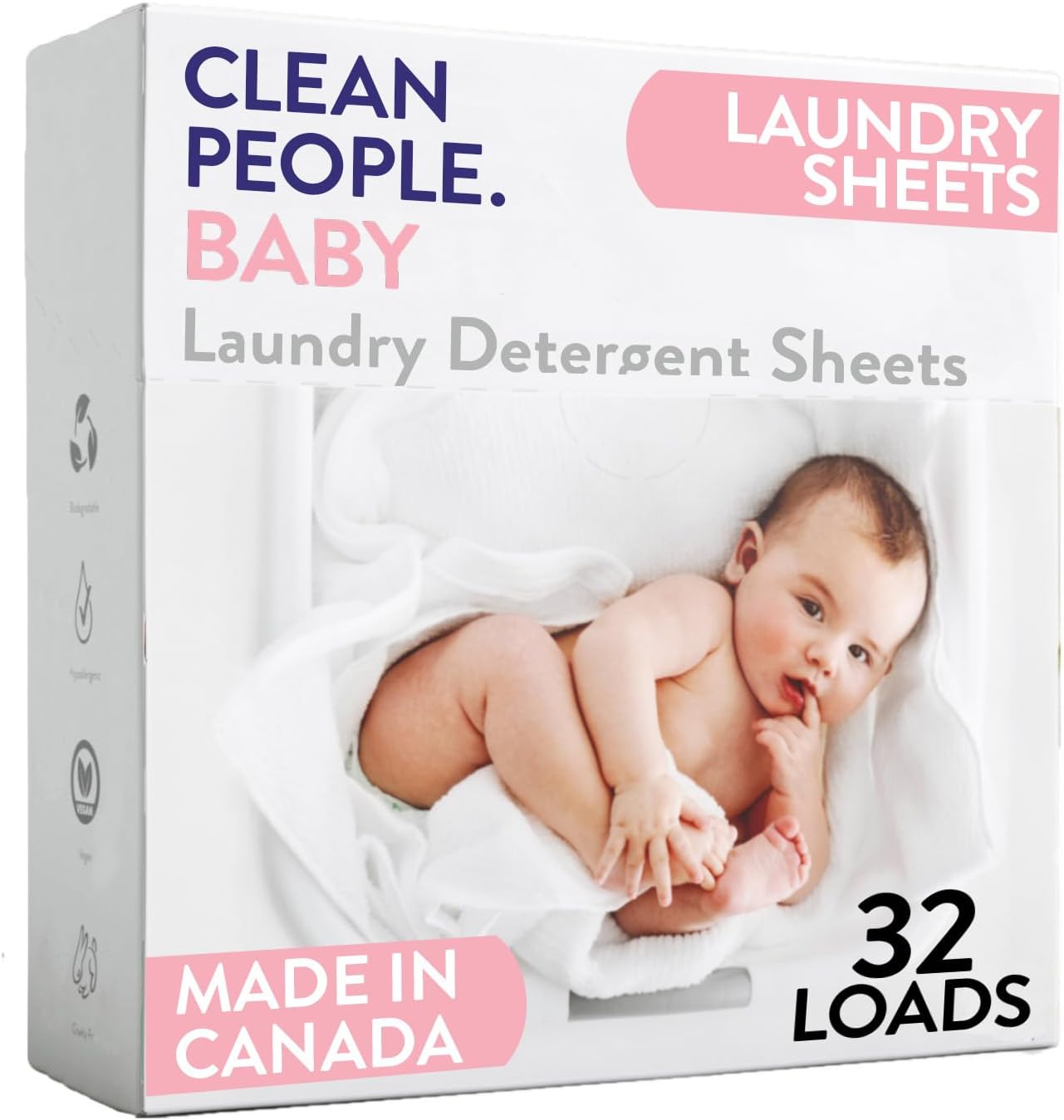 The Clean People Unscented Baby Laundry Detergent Sheets - Hypoallergenic - Ultra Concentrated, Recyclable Packaging, Fights Stains & Odors On Baby Clothes & Bedding - Fragrance Free, 32 Pack