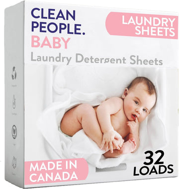 The Clean People Unscented Baby Laundry Detergent Sheets - Hypoallergenic - Ultra Concentrated, Recyclable Packaging, Fights Stains & Odors On Baby Clothes & Bedding - Fragrance Free, 32 Pack