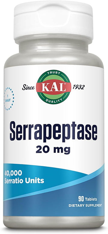 Kal Serrapeptase 20 Mg - Proteolytic Digestive Enzymes For Digestive Health Support - 40,000 Serratio Units - Enteric Coated -60-Day Guarantee - 90 Servings, 90 Tablets