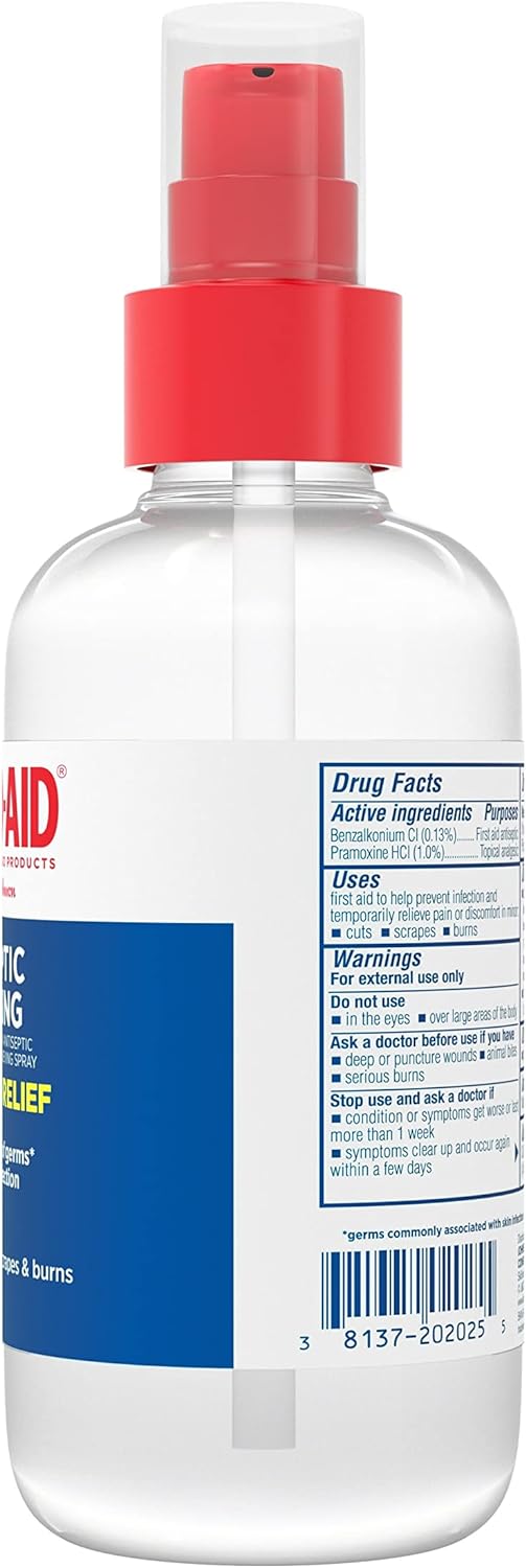 Band-Aid Brand Antiseptic Cleansing Spray, First Aid Antiseptic Spray Relieves Pain & Kill Germs, with Benzalkonium Cl Wound Antiseptic & Pramoxine HCl Topical Analgesic, 2 x 8 fl. oz : Health & Household