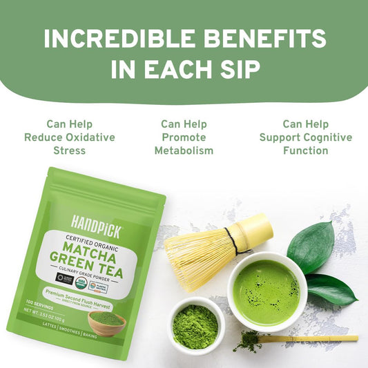 Handpick Japanese Organic Matcha Green Tea Powder (100 Servings) - Authentic Premium Second Flush Harvest | Resealable Ziplock Pouch