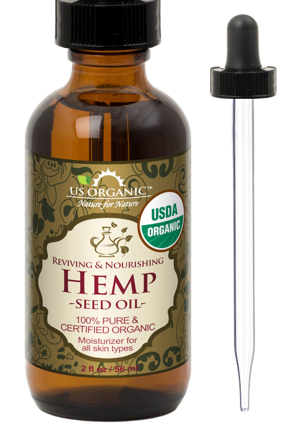 US Organic Hemp Seed Oil, Certified Organic, Pure & Natural, Cold Pressed Virgin, Unrefined, Amber Glass Bottle with Glass Eye Dropper for Easy Application (2 oz (56 ml))